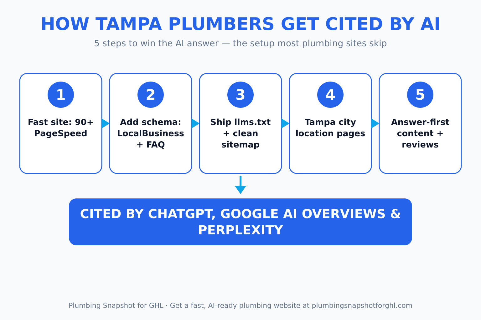 Five-step flow diagram titled 'How Tampa plumbers get cited by AI': 1 fast site with 90+ PageSpeed, 2 add LocalBusiness and FAQ schema, 3 ship llms.txt plus a clean sitemap, 4 Tampa city location pages, 5 answer-first content and reviews — leading to a box reading 'cited by ChatGPT, Google AI Overviews and Perplexity'