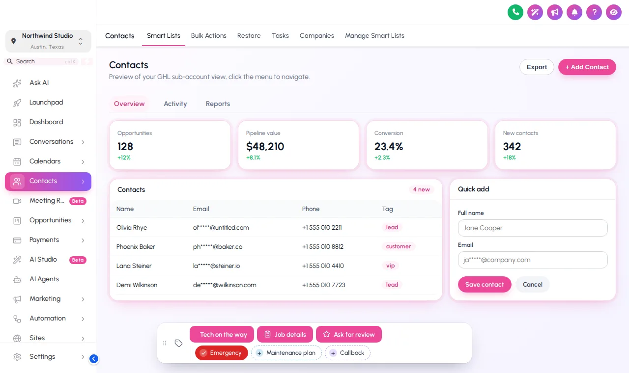 GoHighLevel contact page with a contact actions bar of plumbing quick tags and buttons
