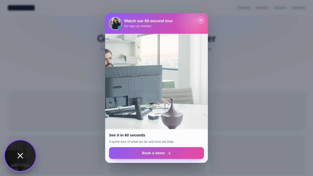 Floating video bubble widget opened on the left of a sample website