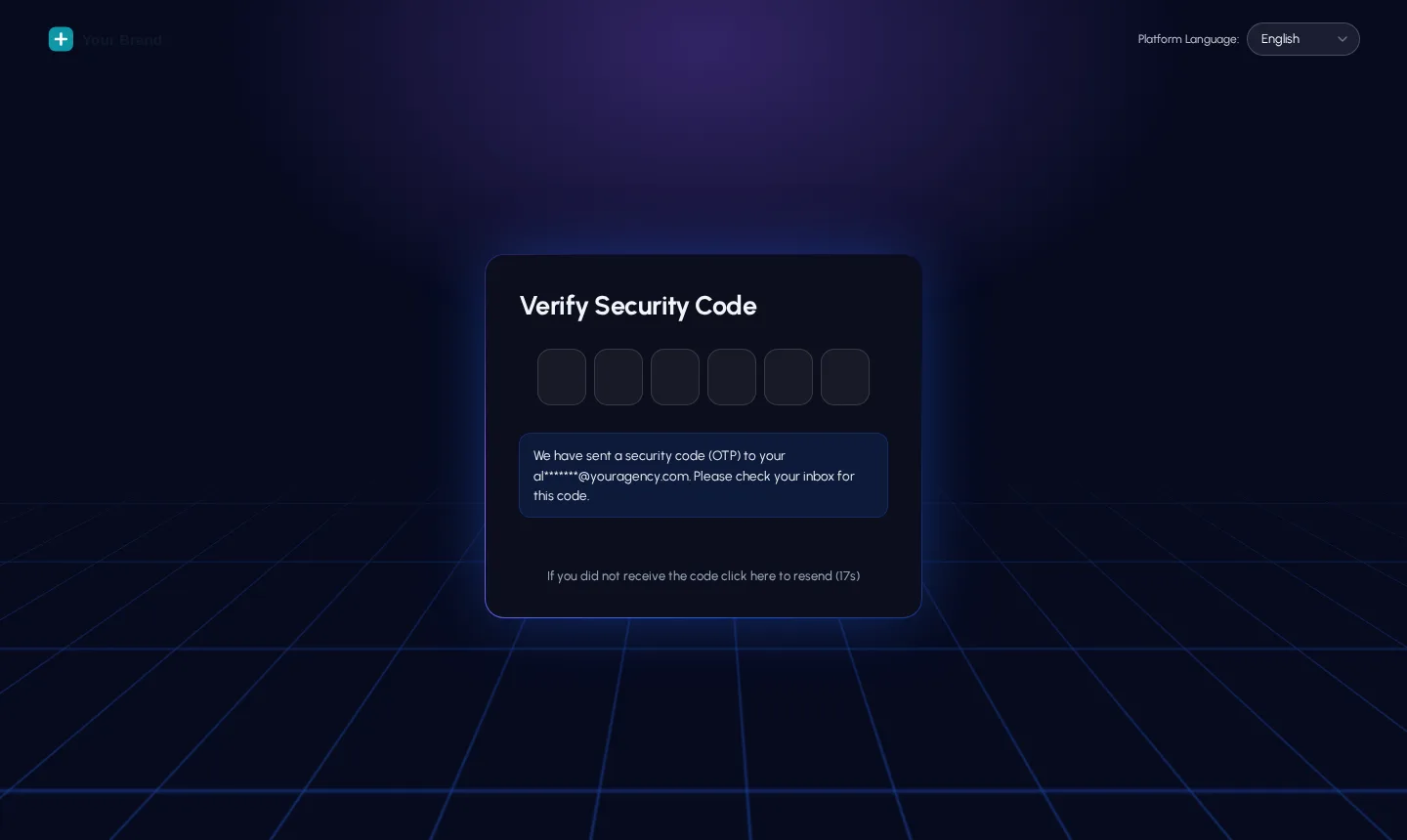 GoHighLevel two-factor code screen in the Neon grid design