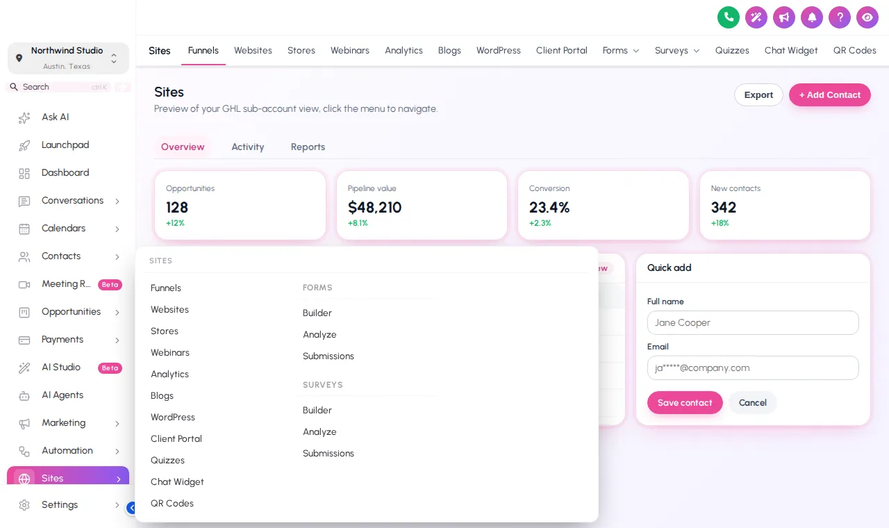 GoHighLevel sidebar with the Sites section opened as a mega menu in columns